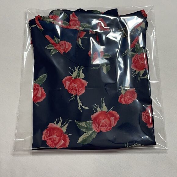 OLM Navy Res Roses Print Sheer Double Layer Ruffle Sleeves Sz M - Picture 12 of 12